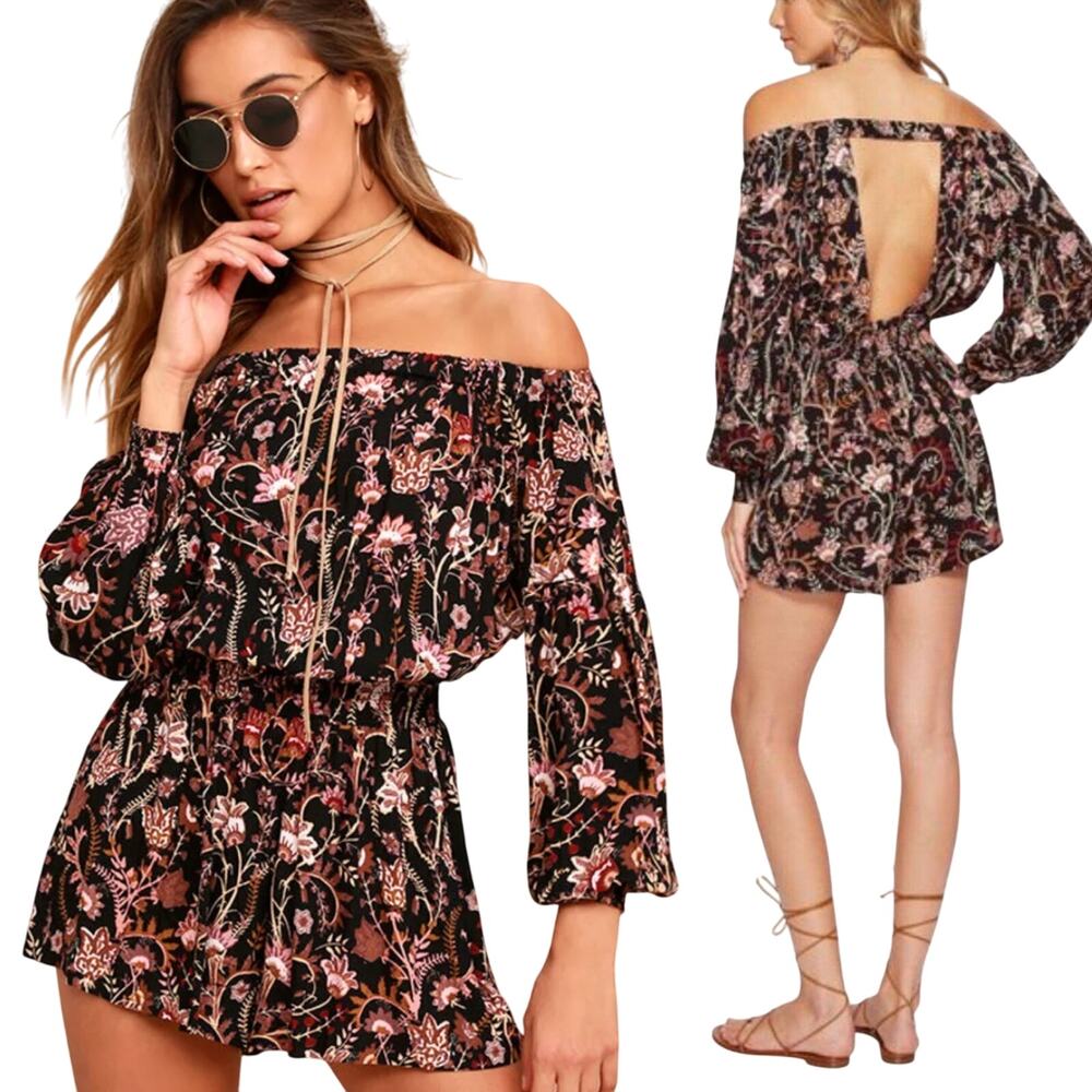 Free People Pretty & Free Off Shoulder Romper Floral Print Open Back Black M